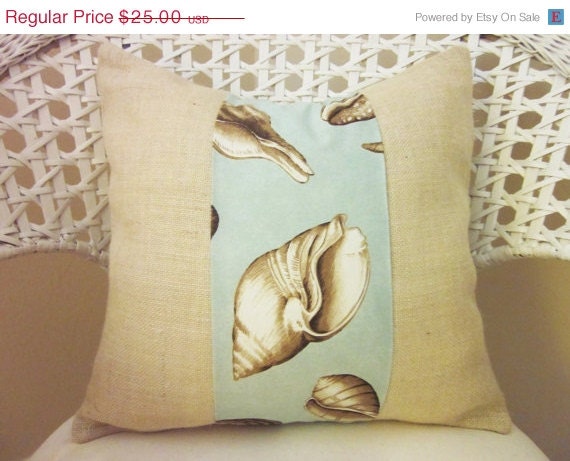 20% OFF SALE Seashell Cotton and Burlap Decorative Pillow Covers, Handmade Pillow Covers, 18 x 18, Beach, Seashore, Coastal Chic