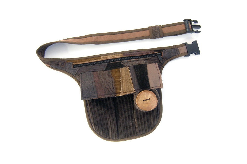 Brown belt bag - Patchwork pocket belt with wooden button - Festival utility belt - The Wood