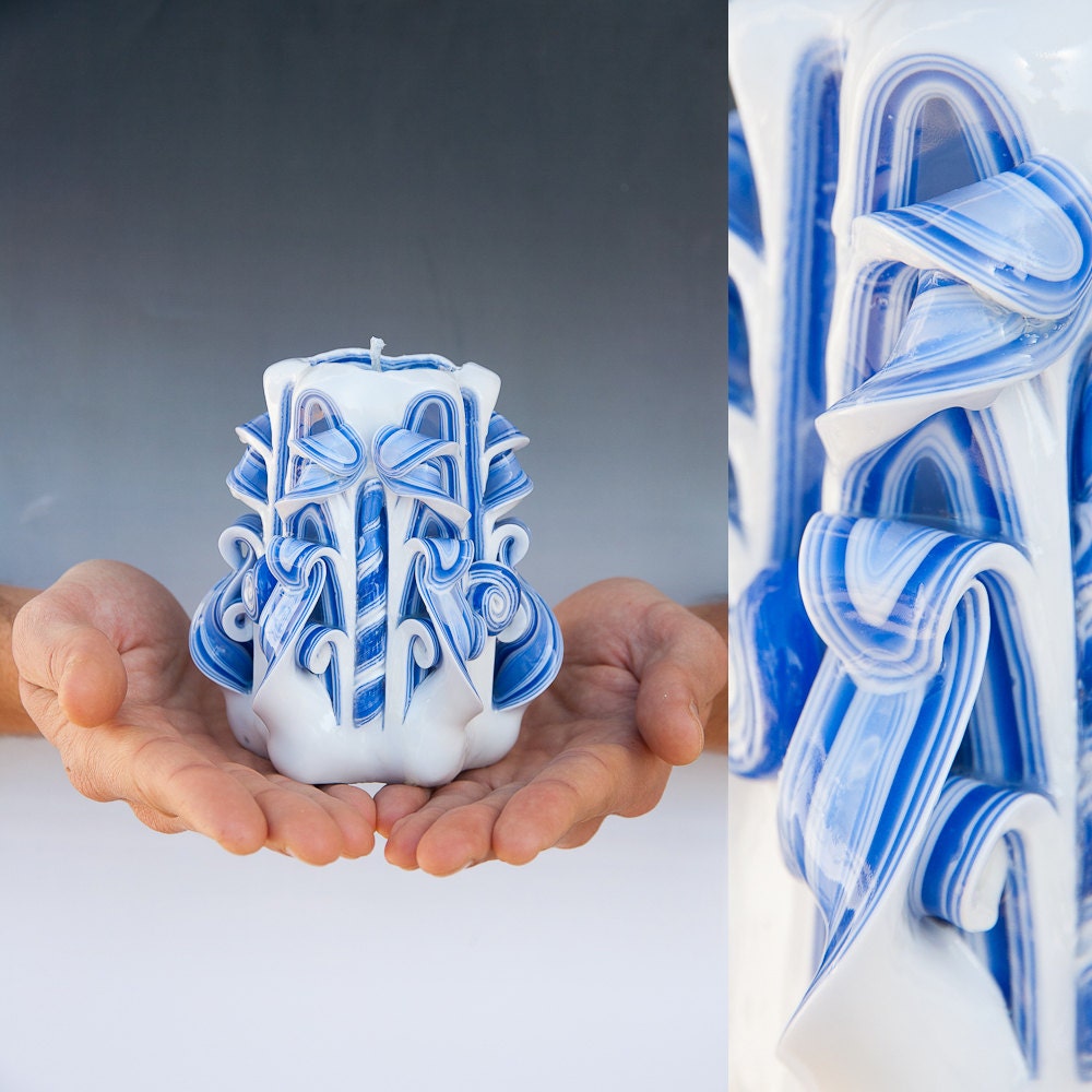 Valentines day gift for him - Carved candle - Small candle - Blue candle