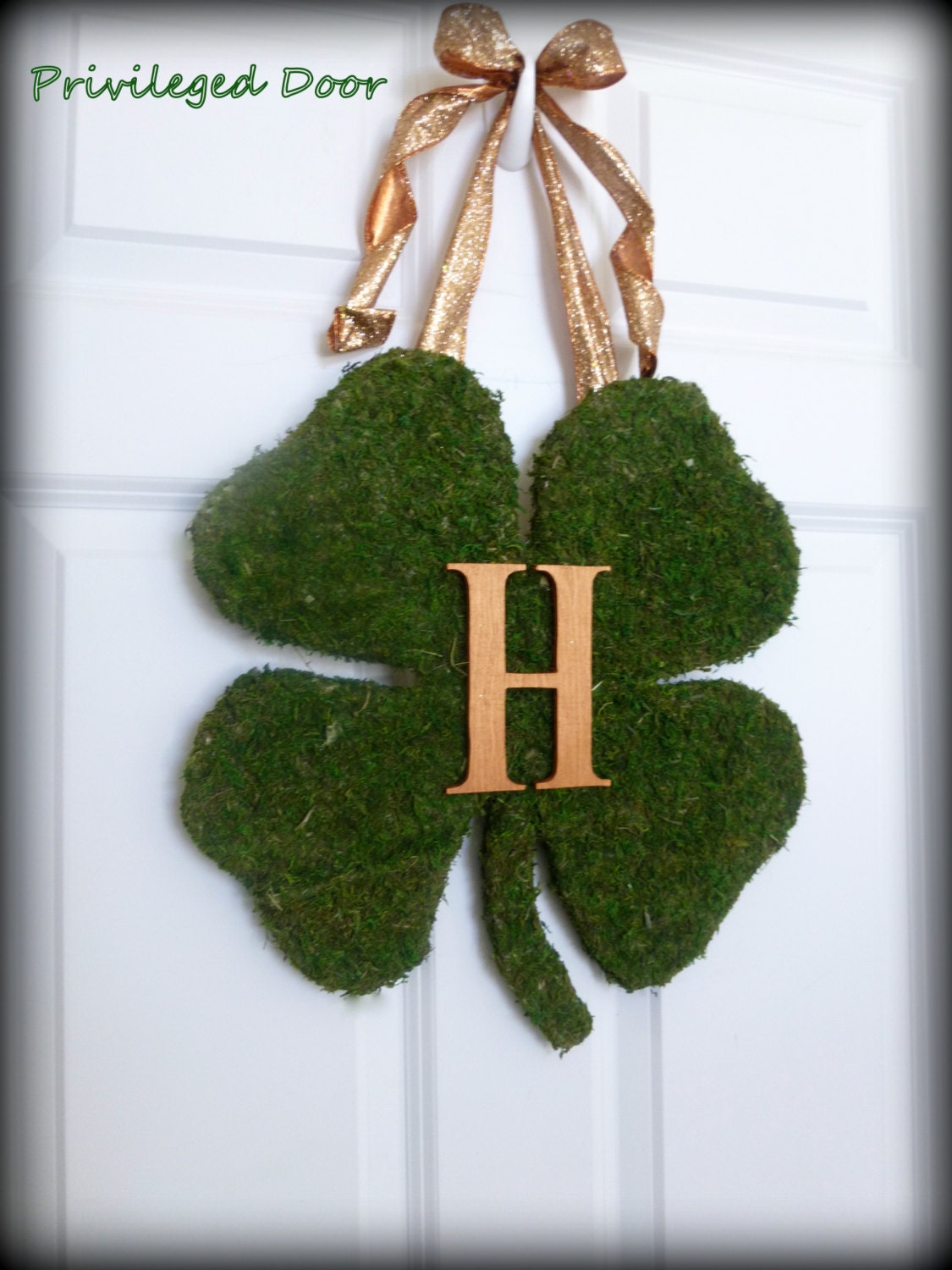St. Patricks Day Wreath - Monogrammed XL Moss Shamrock - Moss Covered Wood Shamrock with Copper Monogram Letter & Wired Bow.