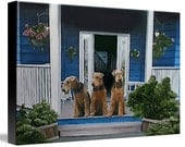Airedale Dog Giclee Art Print on Stretched Canvas 8x10 3 Terriers on Porch Gallery Wrapped blue house