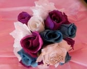 silk bridal bouquet and boutonniere of roses in purple, white & teal with jewel