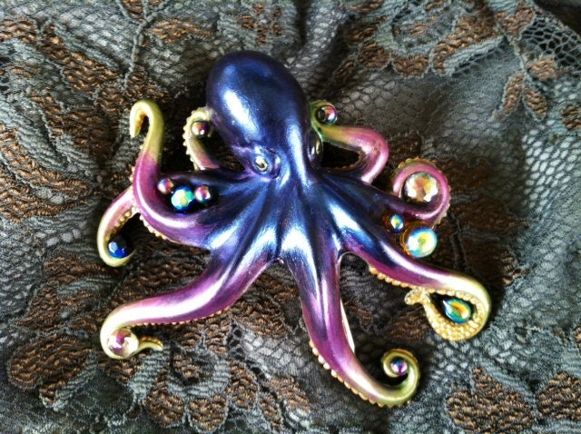 Dark Blue/purple and Plum with peridot green accents  "Clip-a-pus" Octopus hair clip Ready to ship