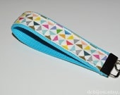 Wristlet Keychain. Fabric Key Fob. Pinwheels and Triangles on Blue.