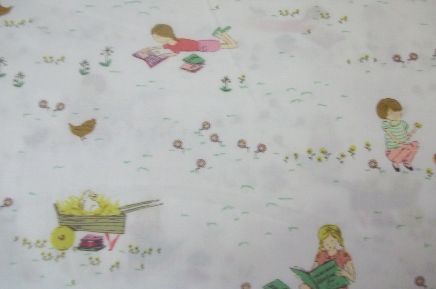 Posy By Aneela Hoey For Moda cute young girl reading book  chics, flowers, bunnies, on white back ground 1 yard cotton quilt fabric