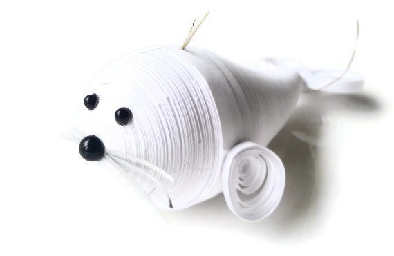 Baby Seal Ornament, Paper quilled in bright white.