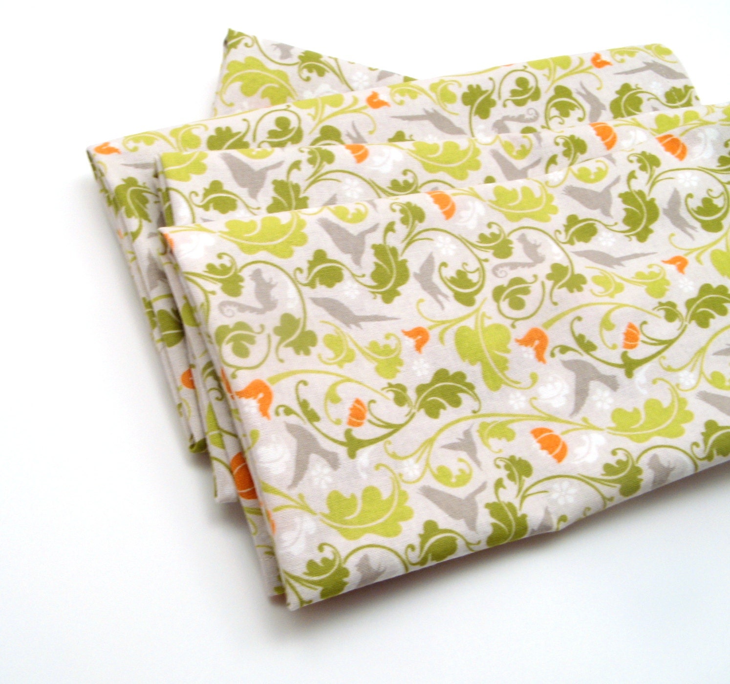 Gray Cloth Napkins, Green Leaves, Orange Flowers, 18 Inch, Set of Four