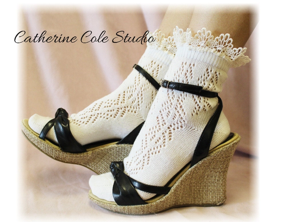 Cream Pointelle Lace socks for heels Baby doll, 80"s inspired  crochet lace socks  pretty  for flats or heels catherine cole studio CS10