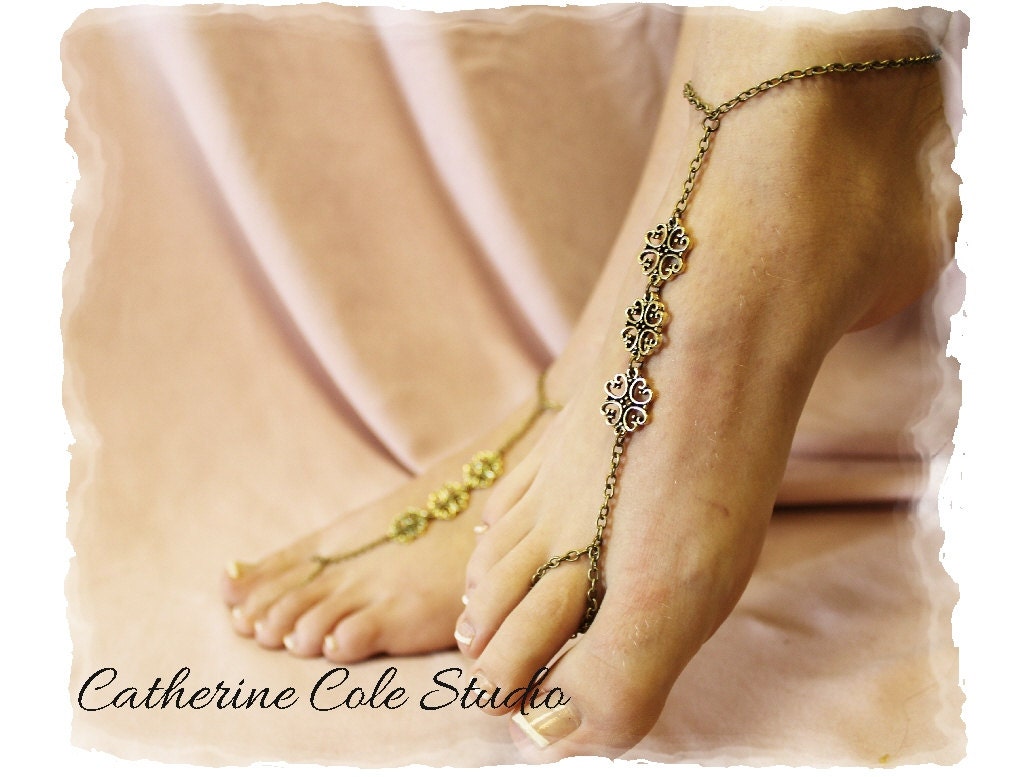 Bronze filigree charm Barefoot sandals FREE U S A SHIPPING  summer  fun 1 pr slave sandals beach wear  foot jewelry Catherine Cole BF15