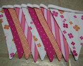 Fabric Flag Bunting, Ready to Ship, 9 Ft 9 Large Flags,Pink, White and Orange  Fabric Banner/Bunting, Photo Prop