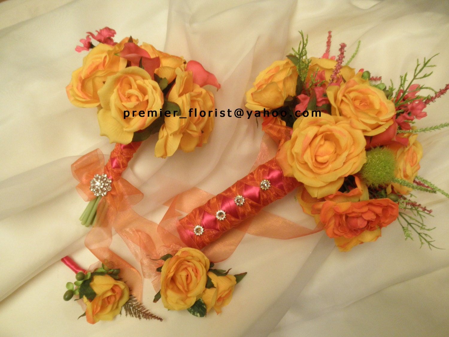 20 piece Bridal Bouquet Wedding Flower Set. Calla Lily Ranunculus Rose Tangerine Watermelon Kiwi. orange pink green yellow. Tropical Beach