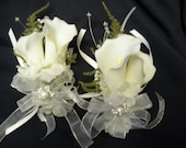 2 Wedding Corsages for Mother of the Bride or Groom. REAL TOUCH Calla Cala Plumosa Fern Bridal Bride Silk Flower Set Lilies