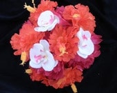 Orange Hibiscus White Orchid Fuschia Hot Pink Peony Hand Tied Wedding Brides Maid Bouquet with rhinestone trim on Corset handle