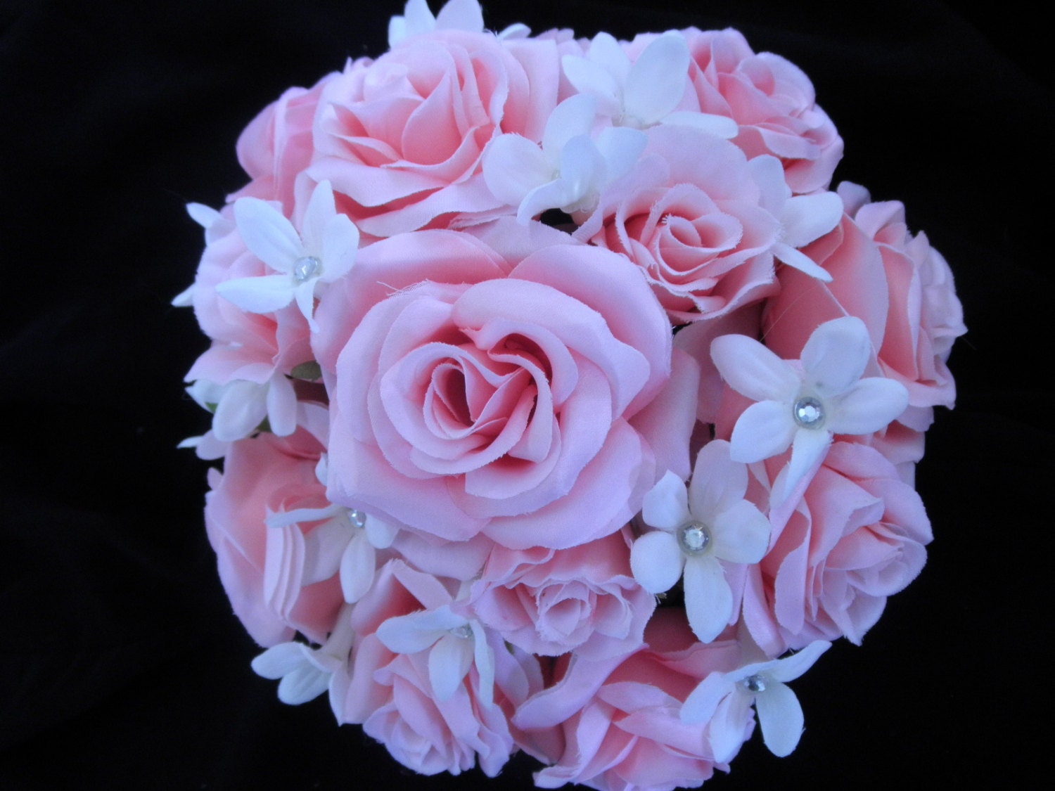 Pink Rose White Stephanotis Jasmine Wedding Brides Maid Bouquet with rhinestone trim on Corset handle
