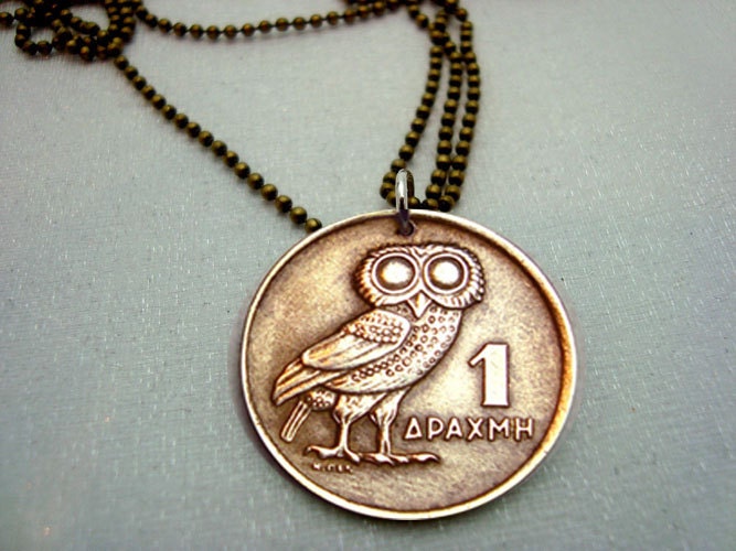 Coin Jewelry - Vintage OWL of Athena COIN NECKLACE - 1973 Greek coin - phoenix rising - bronze coin - mythology - mens jewelry