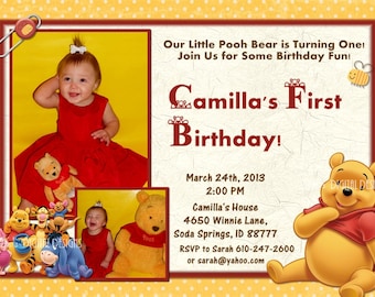 Winnie the Pooh First Birthday Invitation Yellow Dots Photo Options Customizable Printable