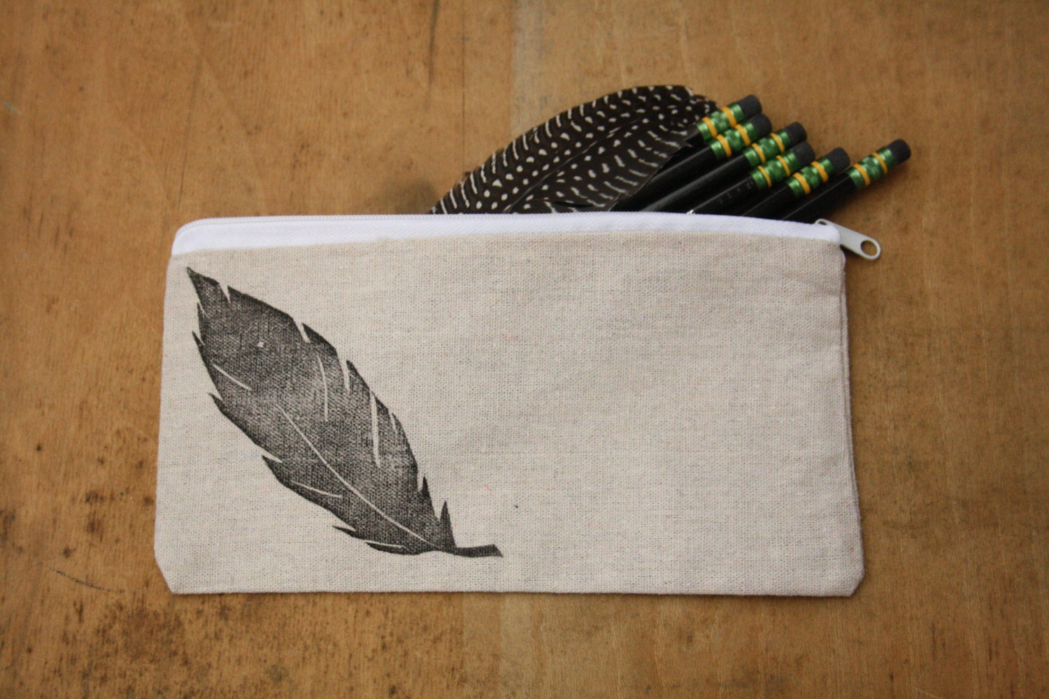 Feather Pencil Case Zippered Canvas Pouch Block Print in Black ink