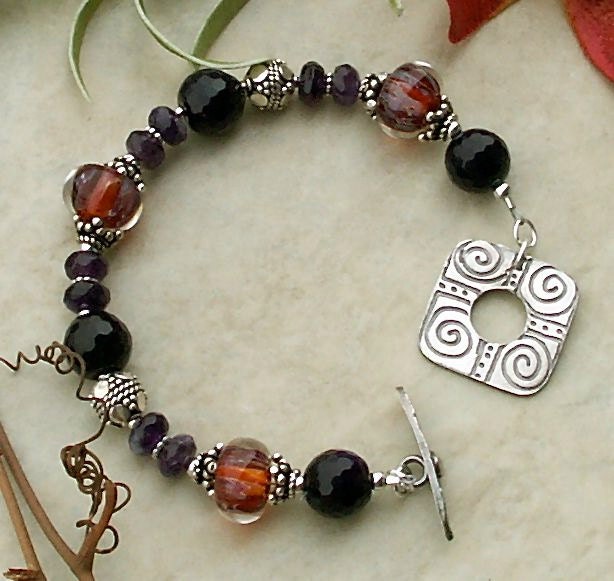 Handmade Amethyst, Purple Jade, Sterling Silver & Boro Glass Lampwork Bead Bracelet