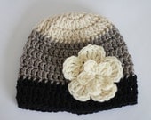 Crochet Baby Hat Beanie ,  Cream Gray Black with Flower, Baby Girl Gift