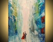 ORIGINAL Modern Fine art Dance With Me IMPASTO TEXTURE Palette knife Romantic Couple Red Blue oil Cityscape Painting by IraSher