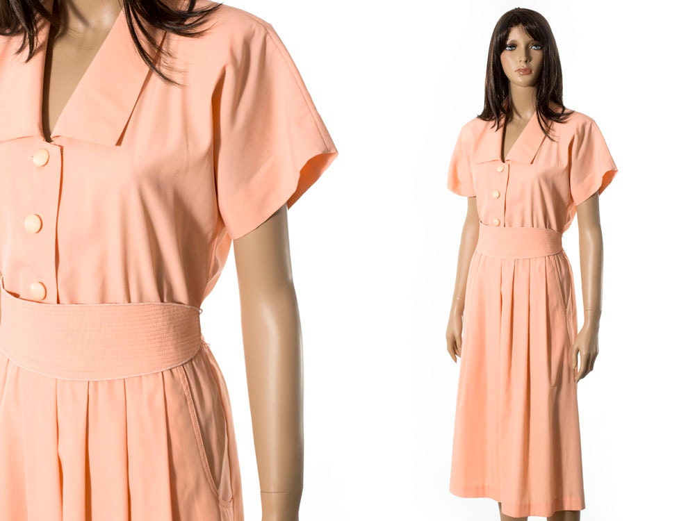 Vintage pastel peach shirtwaist day dress size large L