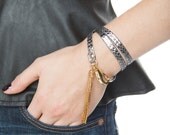 Pewter Silver Snake Skin Leather Triple Wrap Tassel Bracelet- Jewelry
