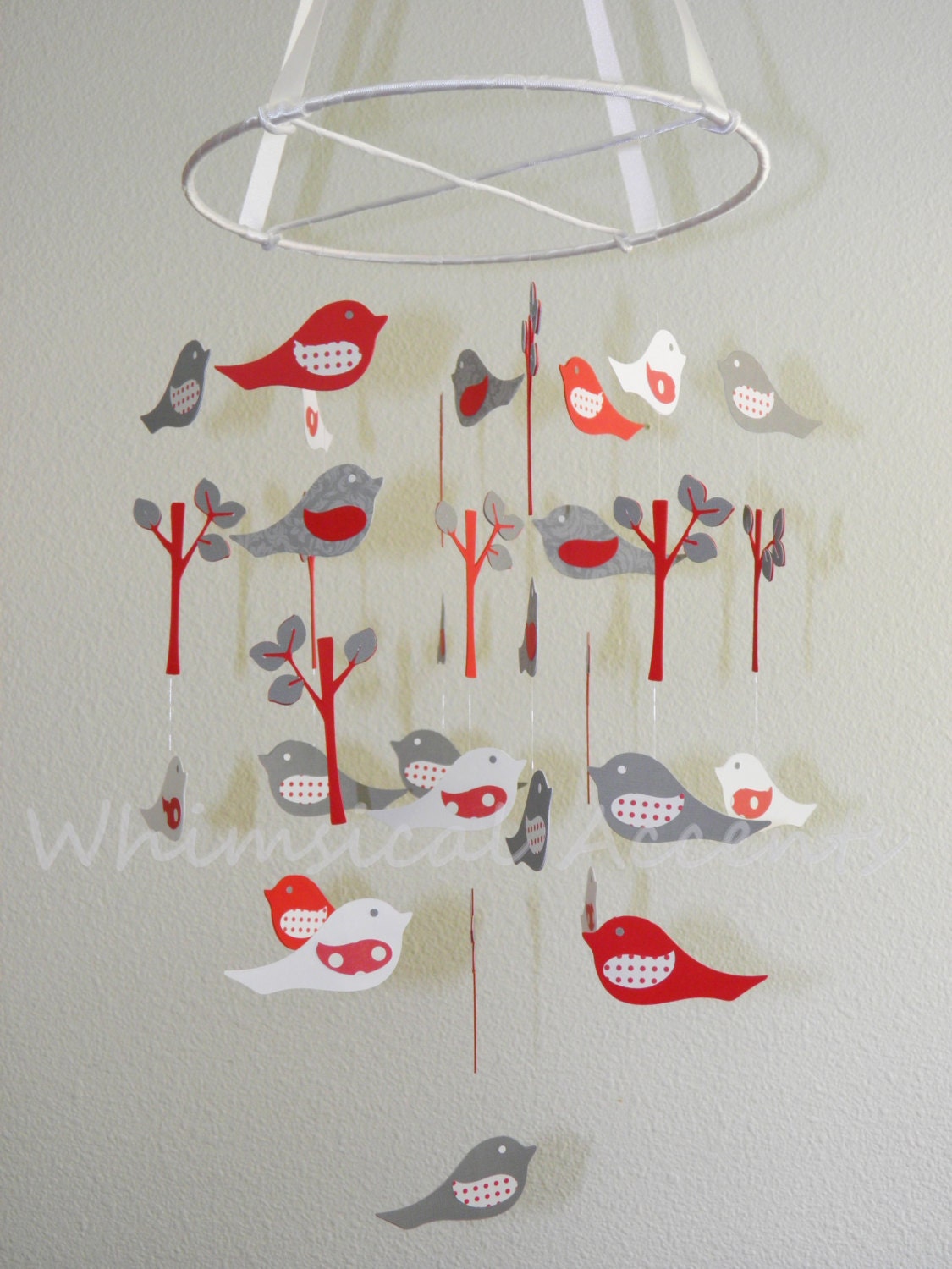 Love Birds Baby Paper Mobile in Red, White and Gray