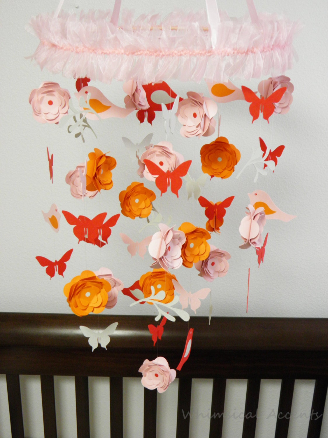 Flower Blossoms, Butterflies and Birds Baby Chandelier Mobile in Pink