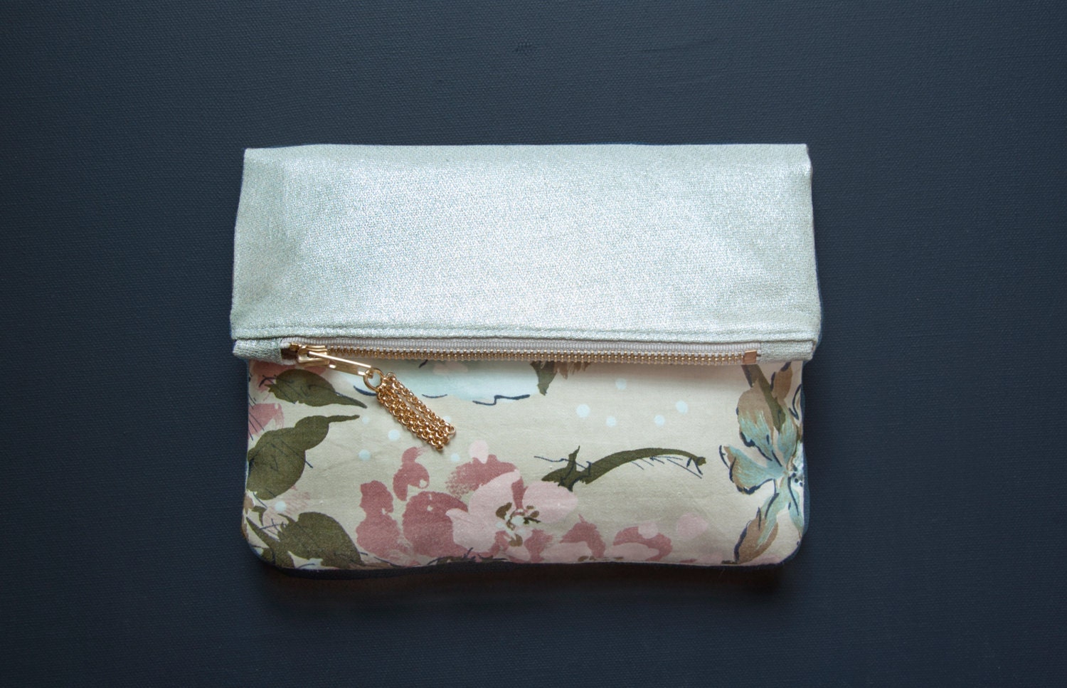 BLOSSOM Shimmer Fold Clutch. Cherry Blossom and Silver Linen Wedding Clutch