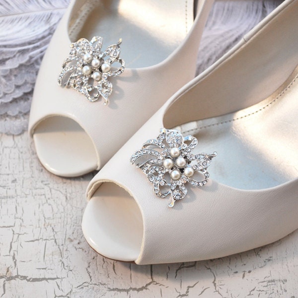 bridal shoe clips, wedding shoe clips, crystal shoe clips, pearl shoe clips, shoe embellishments, bridesmaid shoes - ready to ship -MAGGIE