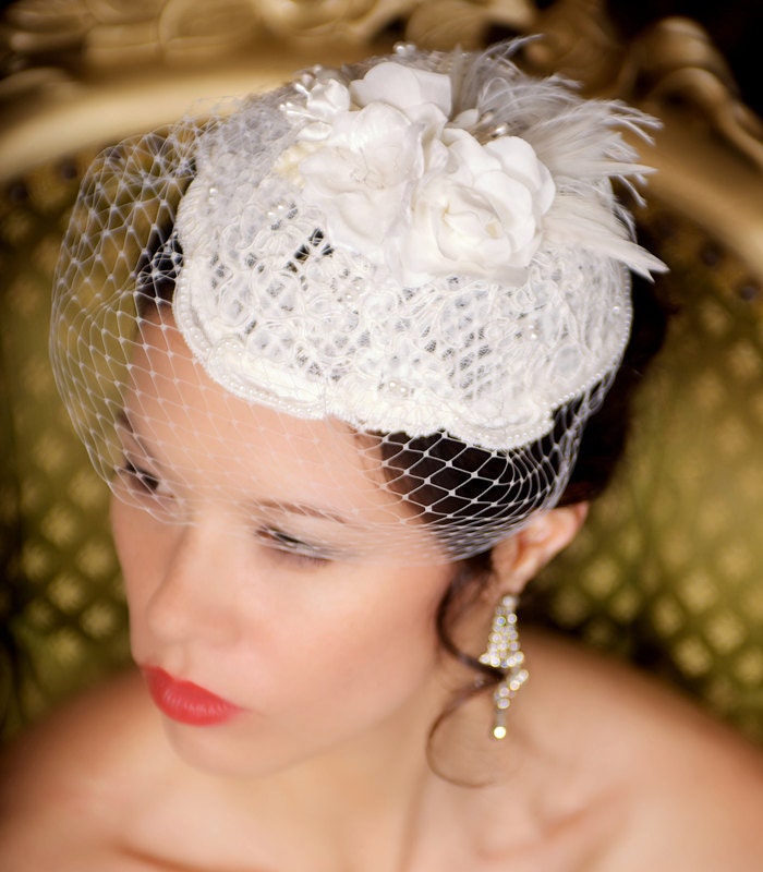 Lace Bridal Hat Bridal Hair accessory, Wedding Fascinator, birdcage veil, wedding headpiece, cocktail hat - Made to Order - TERRI