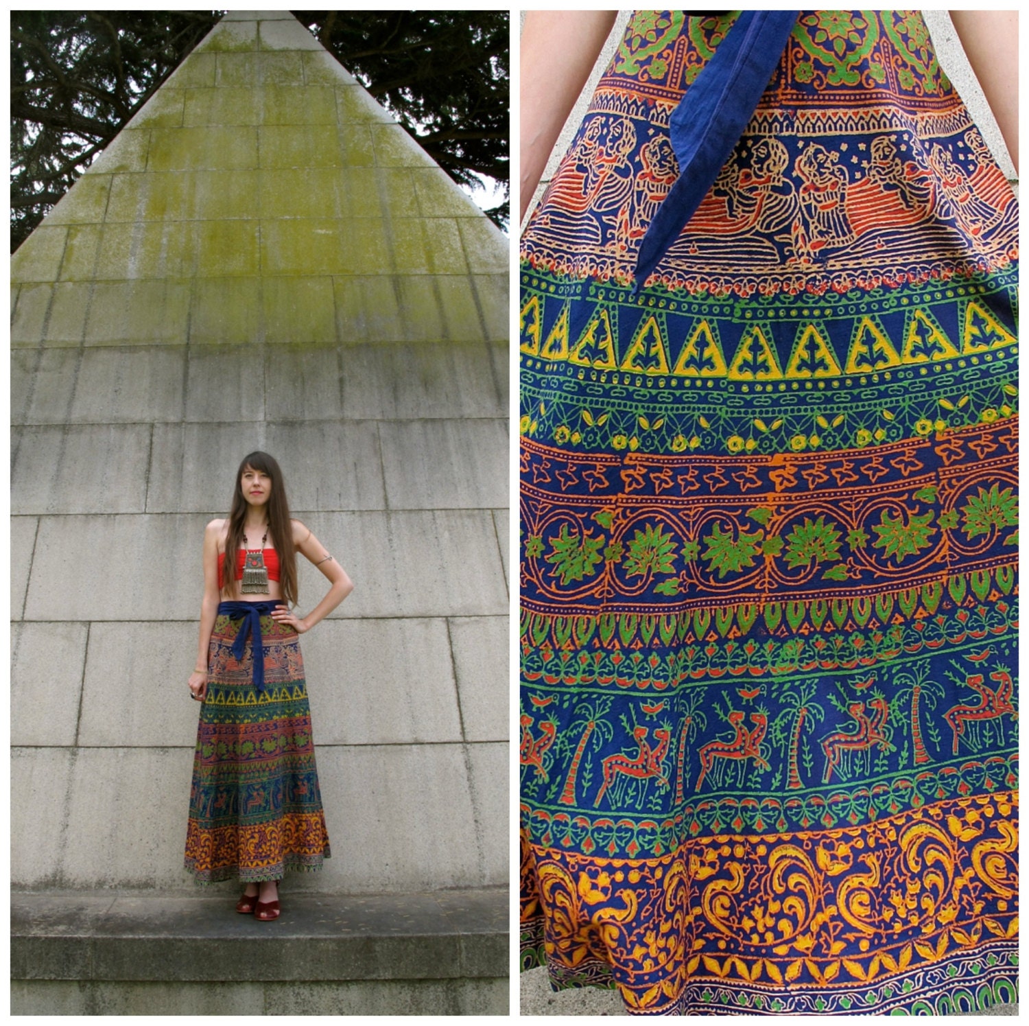 1970s INDIAN COTTON Colorful Bohemian Maxi Wrap Skirt