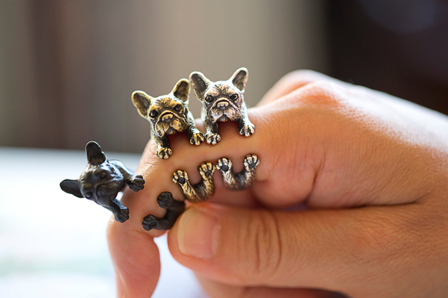 YaciKopo handmade bulldog ring black / silver / golden colour