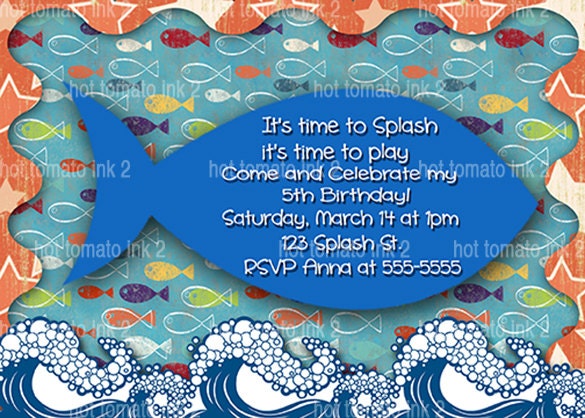 Beach  Birthday Party  Invitation Fish Ocean Custom - 4x6, 5x7 Printable Digital Download - JPEG