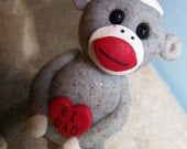 Father's Day Polymer Clay  sock monkey with heart  figurine for Dad