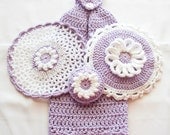 Lavender Crochet Kitchen Set - Hanging Cotton Dish Towel - Lace Washcloth - Daisy Potholder - Reversible Dish Scrubbie