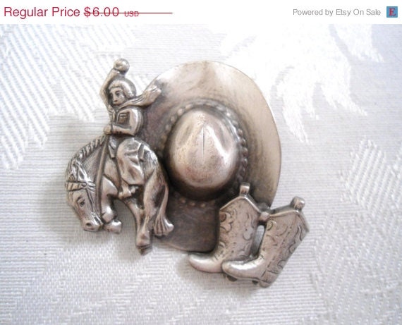 May Days Sale Vintage Brooch Western Pewter Cowboy Hat