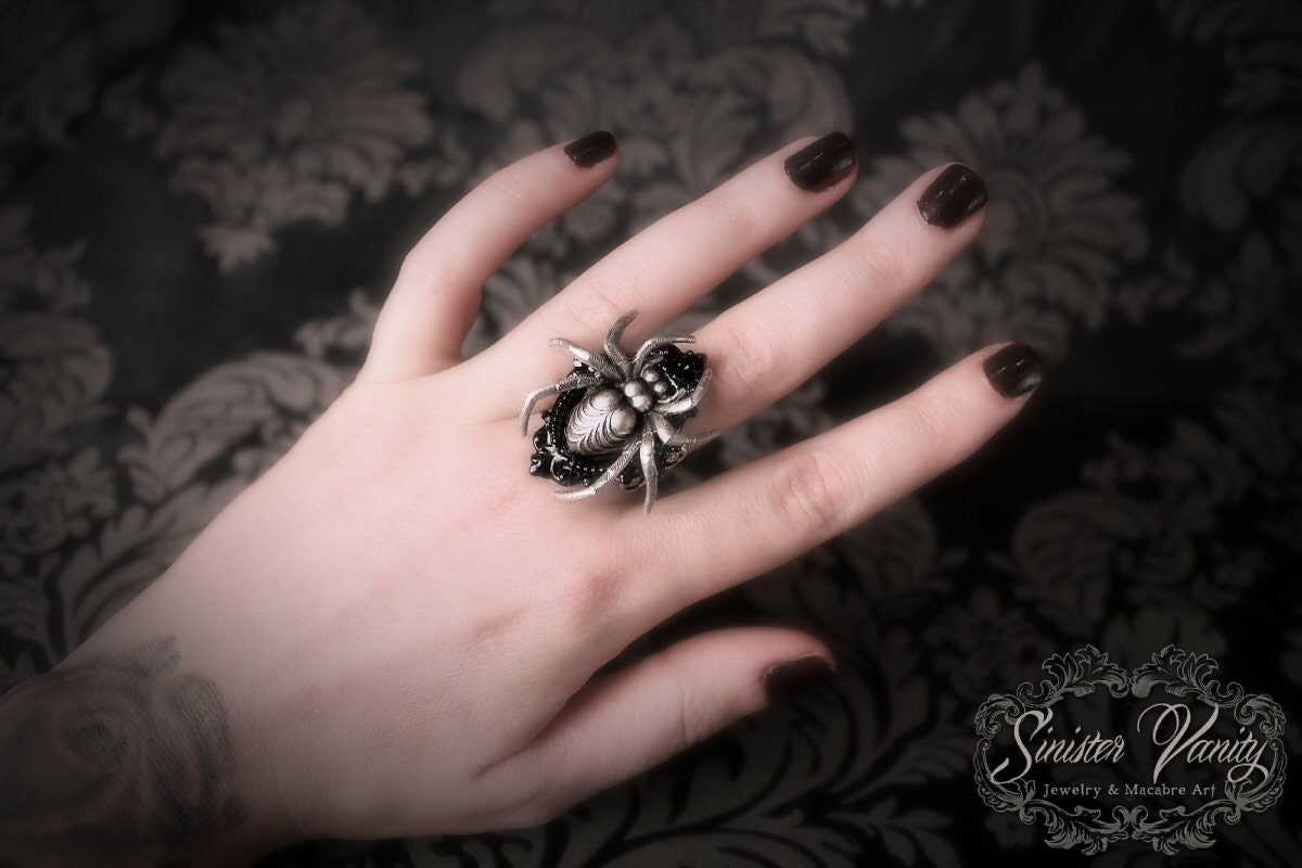 Gothic Spider Ring Cameo Filigree Sterling Silver Ring