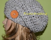 All Season Slouchy Hat in Marble Grey, Rasta Hat, Hippie Hipster Spring/Summer Beanie, Light Chunky Teen Hat with Big Eco Button