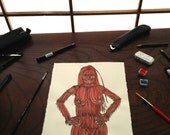 Original Illustration Ink and Watercolor on Handmade paper Hair Woman Nude / GLADYS Love Hair by zwANhg