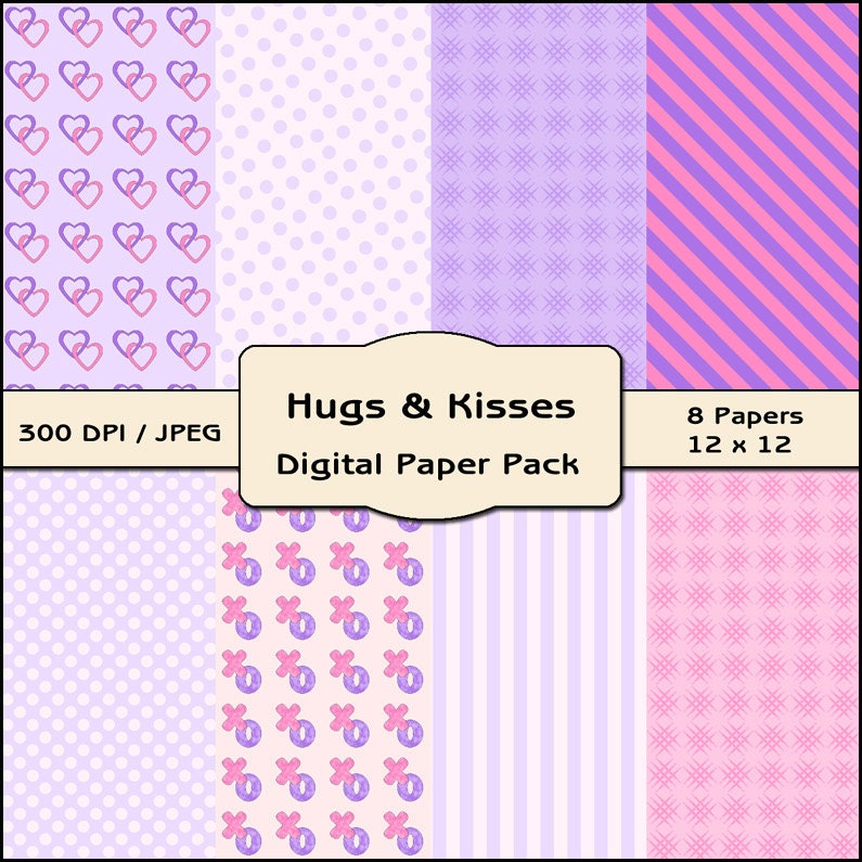 Hugs & Kisses Digital Paper Pack - Valentine Papers - Digital Scrapbooking Set, Valentine Backgrounds