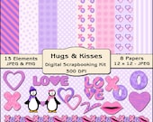 Hugs & Kisses Digital Scrapbooking Kit - Valentine Clipart, Wedding Clipart, Valentine Digital Papers, Digital Backgrounds
