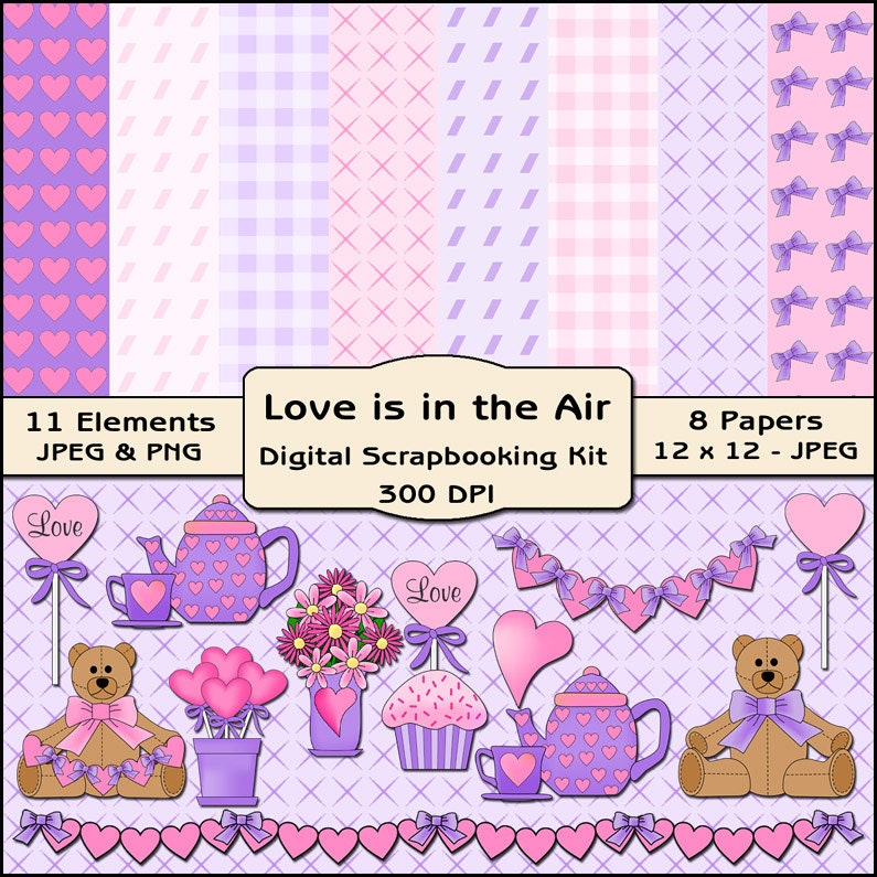 Love is in the Air Digital Scrapbooking Kit - Valentine Clipart, Wedding Clipart, Valentine Digital Papers, Digital Backgrounds
