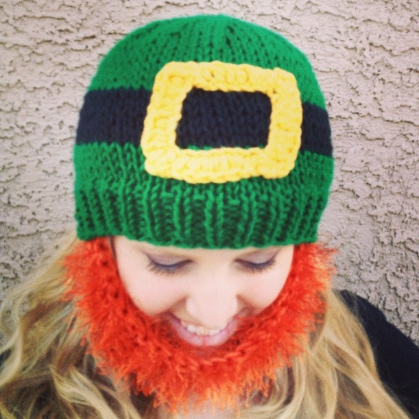 SALE Bearded Beanie - St. Patrick's Day Multi Green Hat W/ Orange Fuzzy Beard Costume w/ Buckle