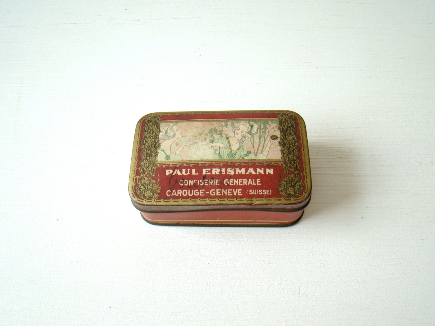 antique swiss candy tin, Paul Erismann - Confiserie Generale, small vintage red candy tin