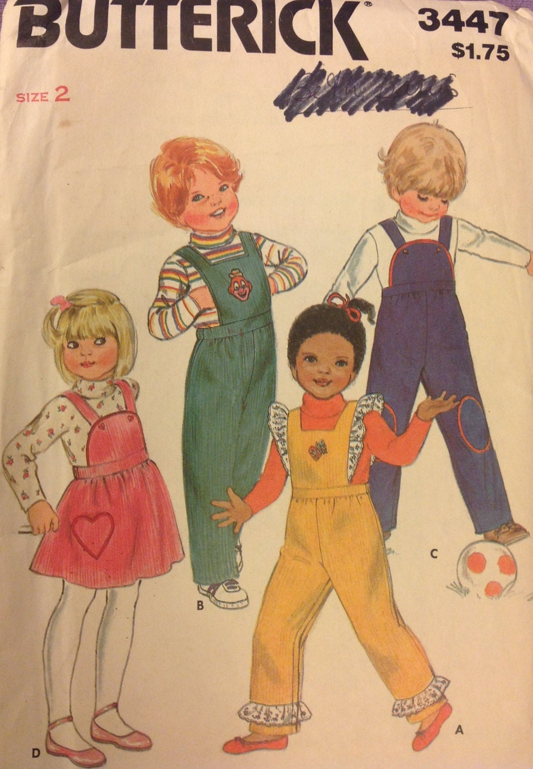 Butterick 3447 TODDLER Children Child size 2 jumper & overalls coveralls sewing pattern VINTAGE adorable pattern