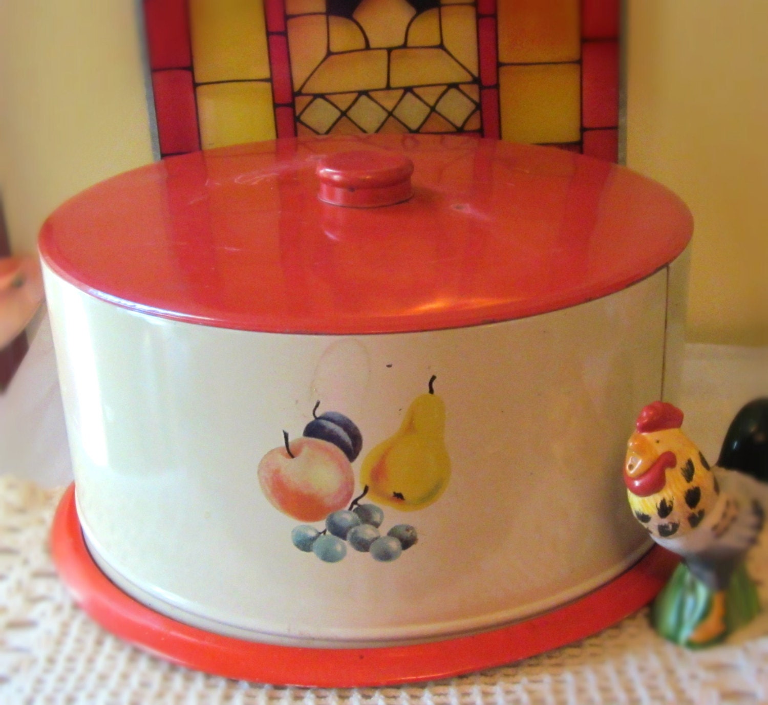 vintage cottage chic  red cake metal carrier retro design 1950s