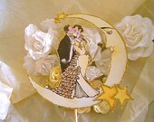 Gatsby Moon Wedding Cake Topper - Vintage Inspired Bride And Groom - Outlined in Gold Glitter