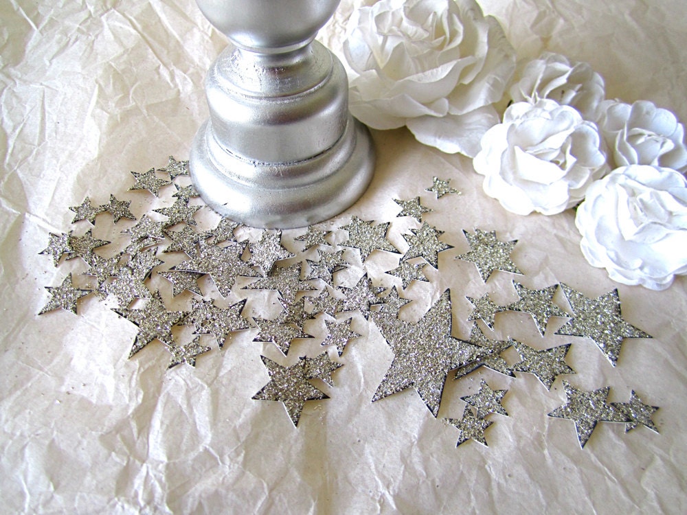 Star Confetti - Tiny Hand Cut Stars- Hand Glittered- 58 Stars - Silver Glass Glitter