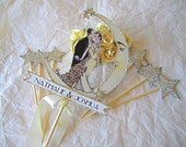 Vintage Moon Wedding Cake Topper with Set of 6 Star Toppers - Art Deco, Custom Banner - Outlined in Silver Glitter